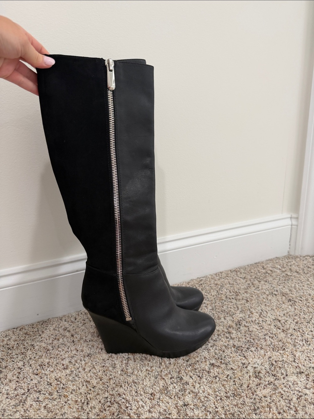 Bar III Black Wedge Knee-High Boots with Side ZiP